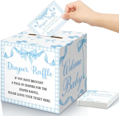 Vista 50 de Teling 51 boletos para rifas de pañales con caja de tarjetas, decoración de baby shower, caja de revelación de género para fiesta de rifas