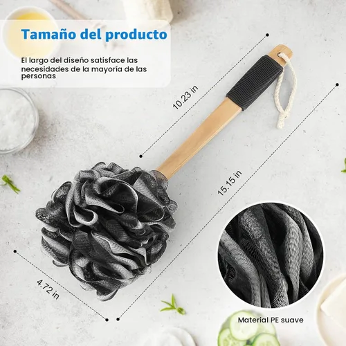 Vista 2 de FORENEE - Esponja negra en palo, malla de polietileno con mango de madera Soft PE mesh creates rich lather for gentle cleansing; water-resistant