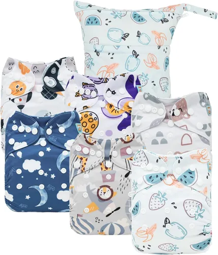 Vista 7 de ALVA BABY - 6 fundas para pañales de tela y 1 bolsa húmeda y seca, lavable y reutilizable para pañales preplegado con bolsa multifuncional 02 Boy