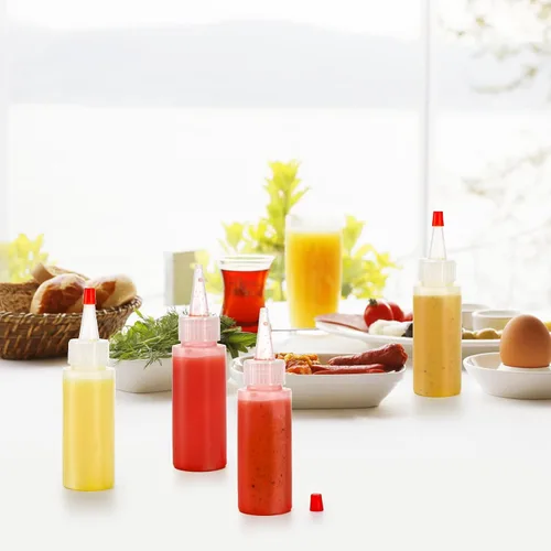 Vista 5 de Bekith Paquete de 40 botellas de plástico de 2 onzas con tapas de punta roja, pequeñas botellas vacías recargables para glaseado, decoración