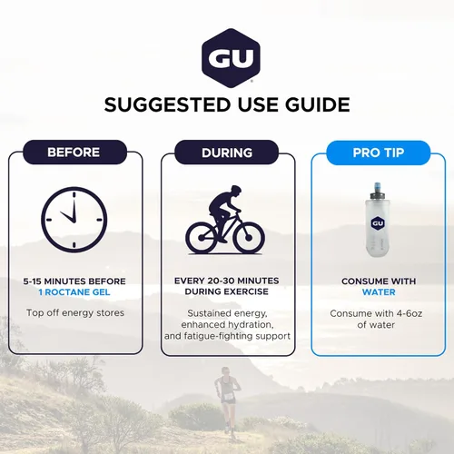Vista 5 de GU Energy Roctane Ultra Endurance Gel Energizante, Vegano, Sin Gluten, Kosher y Sin Lácteos, Nutrición Deportiva Para Correr, Andar en Bicicleta