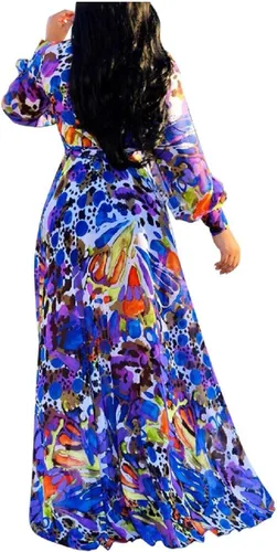 Vista 2 de lvenzse Vestido largo bohemio de gasa con cuello en V y estampado floral para mujer