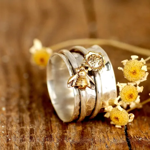 Vista 5 de Anillo giratorio de girasol y abeja para mujer, plata de ley 925, Boho-Magic