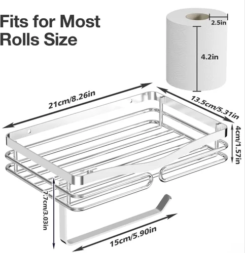 Vista 7 de Soporte de papel higiénico con estante de almacenamiento, cepillado, montaje sin taladros, se adapta a toallitas húmedas de tamaño Costco, para baño