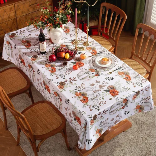 Vista 2 de Mantel rectangular con estampado de calabaza en acuarela de otoño, mantel rectangular de poliéster para otoño, resistente al agua, sin arrugas