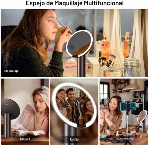 Vista 6 de AMIRO Espejo de maquillaje iluminado de 9" con sensor inteligente y control táctil, 3 colores y 6 niveles de brillo, recargable e inalámbrico Negro