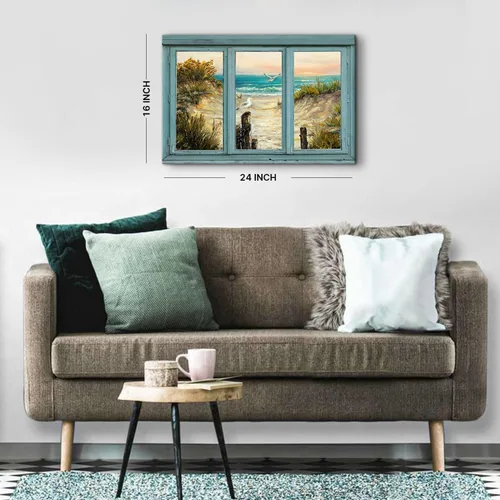 Vista 5 de Cuadro de pared con ventana de playa, paisaje oceánico, decoración de pared, paisaje costero, gaviota, impresiones en lienzo, pintura tropical