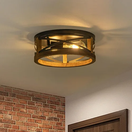 Vista 2 de Lámpara de Techo Estilo Granja, Lámpara de Techo Empotrada Redonda de 2 Luces con Marco de Madera y Metal, Luminaria Rústica Negra para Pasillo