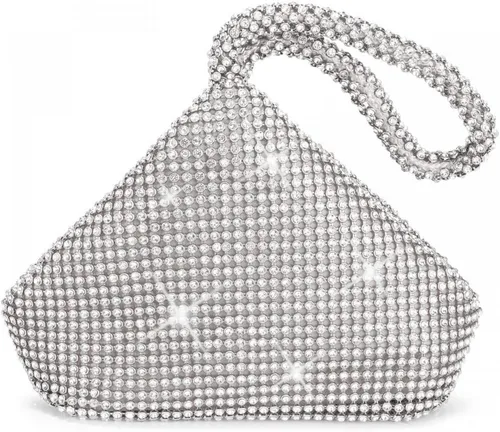 Vista 10 de Bolso de noche para mujer, con diamantes de imitación brillantes, triángulo, cadena de diseño, bolso de mano para fiesta, graduación, boda