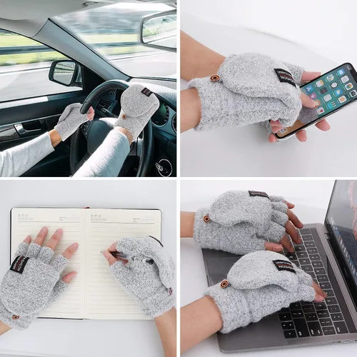 Vista 13 de THINP Guantes sin dedos para mujeres y hombres, guantes de invierno, guantes de lana cálida de punto sin dedos con tapa, guantes convertibles