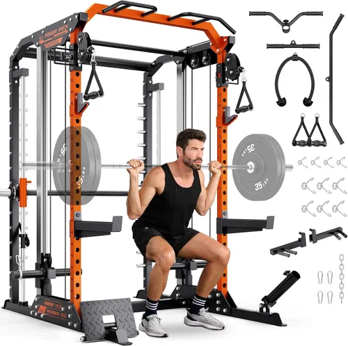 Vista 10 de YOLEO Smith Machine & Squat Rack Combo, Multi-Functional Power Racks with Adjustable Width & Pull-Up Bar, Cable Crossover Power Cage, Independent