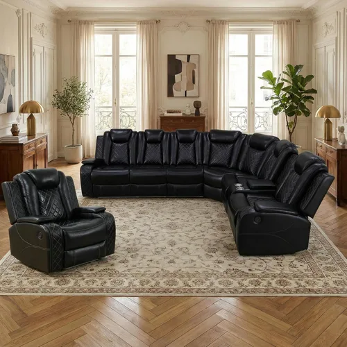 Vista 13 de Juego de sofá reclinable eléctrico, sofás reclinables de cuero negro, 3 piezas de sofá reclinable de cuero de aire y silla de dos plazas con luces