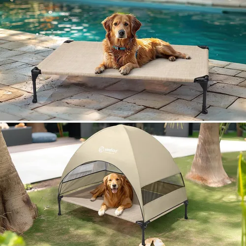 Vista 6 de Veehoo Cama para perros al aire libre con toldo, cama elevada de enfriamiento para perros con sombra extraíble, pies antideslizantes, cama elevada