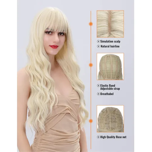 Vista 2 de Netgo - Peluca de fibra resistente al calor para mujer, color morado, larga y ondulada, con fleco, Rubia