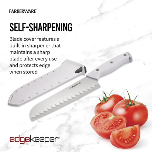Vista 3 de Farberware Cuchillo Santoku de 7 pulgadas con funda autoafilable EdgeKeeper, hoja de acero inoxidable de alto carbono, mango de triple remache