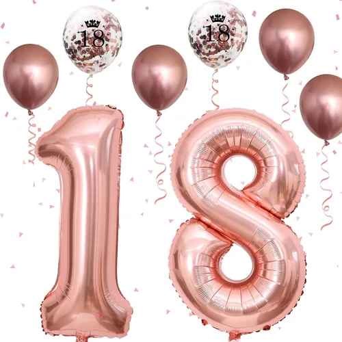 Vista 9 de Decoraciones de cumpleaños número 18 para niños y niñas, globo de aluminio con el número 18 de 40 pulgadas, globos de látex negros y metálicos
