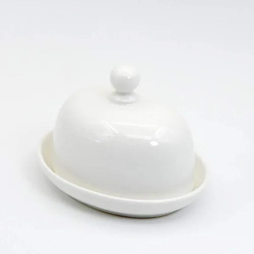 Vista 3 de NAGU Mini plato de mantequilla ovalado con tapa, plato de queso blanco con forma de procelain abovedado con asa, bandeja de mantequilla pequeña