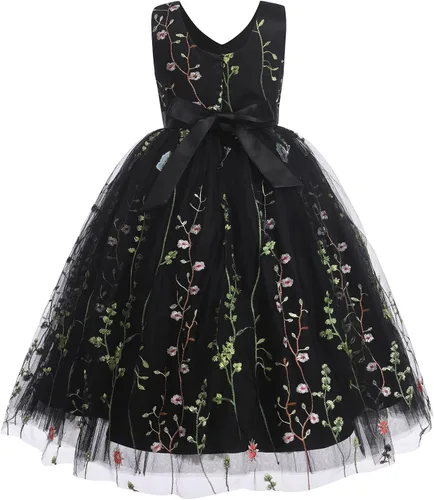 Vista 2 de IDOPIP Vestido de encaje bordado para niña de las flores, vestido de encaje para niños, boda, desfile, fiesta, primera comunión, vestido largo