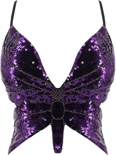 Vista 2 de Camiseta sin mangas sexy para mujer, parte superior de mariposa con lentejuelas recortadas para mujer, parte superior de mariposa, i, talla única