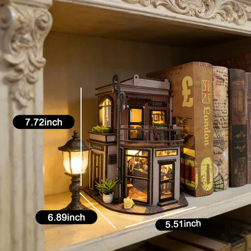 Vista 3 de Kit de rincón de libros de cafetería, rompecabezas de madera 3D para adultos con luces LED, decoración de casa de muñecas para escritorio