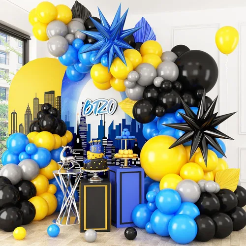 Vista 12 de Kit de arco de globos azul marino y negro, guirnalda de globos con globos de papel de aluminio metálico plateado blanco oscuro globos de látex