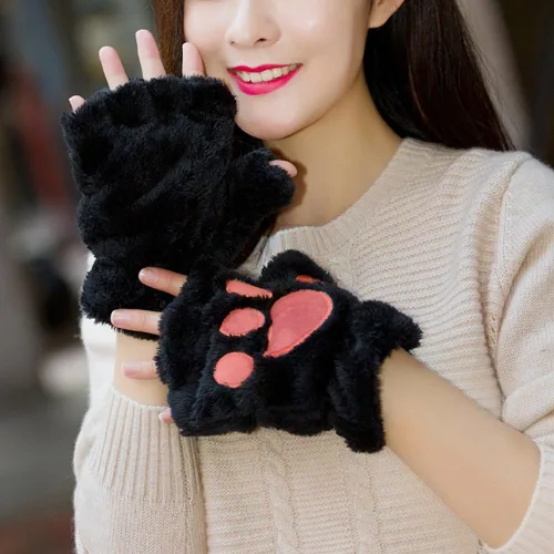 Vista 2 de Loritta 2 Pairs Womens Cat Paw Gloves Winter Plush Faux Fur Cute Kitten Fingerless Mitten