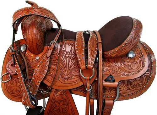 Vista 8 de Western Saddle Barril Racing Caballo Placer Floral Tooled Cuero Trail Tack Cowboy Rodeo Set 15 16 17 18