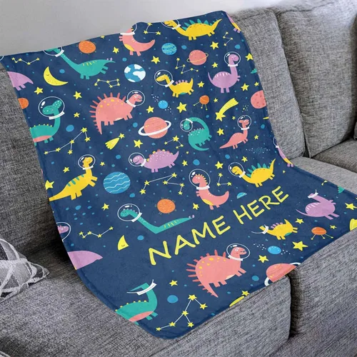 Vista 4 de YESCUSTOM Manta de forro polar de dinosaurio personalizada para niños y niñas, manta de texto personalizada para regalo de cumpleaños y ducha
