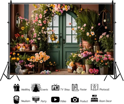 Vista 3 de YongFoto Telón de fondo de Pascua de 5 x 3 pies, huevos de conejito de Pascua, flores verdes para puerta, arco, resurrección, domingo, gran día