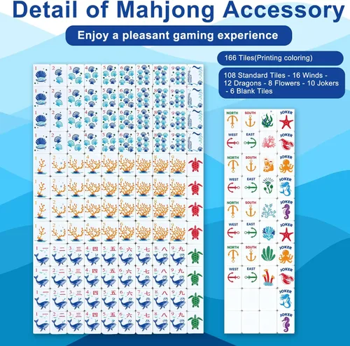 Vista 3 de Simgoing Juego de 160 piezas de azulejos de Mahjong americano, tema del océano azul 2026, juego de cartas Mahjong azul, regalo portátil para amantes
