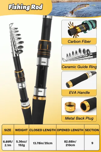 Vista 2 de Fishing Pole Combo Set, 6.89ft Fishing Rod and Reel Combo, Carbon Fiber Telescopic Fishing Rod Kit with Spinning Reel, Fishing Pliers, Lip Gripper