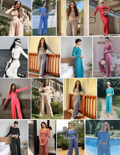 Vista 5 de Ekouaer Conjunto de descanso de 2 piezas para mujer, camiseta corta de punto acanalado, pantalones de pierna ancha con bolsillos S-XXL