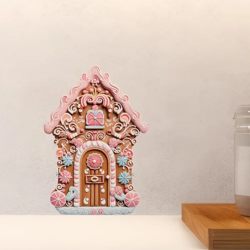 Vista 5 de Adhesivo de pared de casa de pueblo de Navidad, decoración de casa de jengibre glaseado rosa