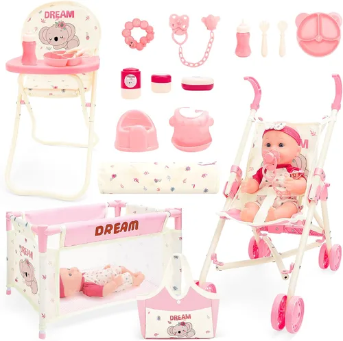 Vista 8 de deAO Juguetes de Cochecito de Muñeca Bebé con Muñeca Bebé de 12" Accesorios Cama de Cuna Silla Alta Conjunto de Juego de Roles de Guardería Tapete