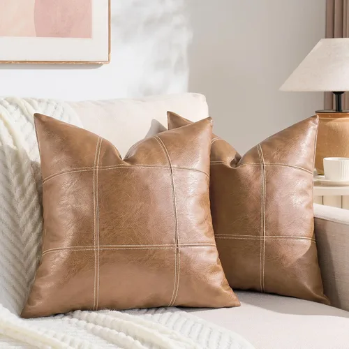 Vista 7 de Fancy Homi Paquete de 2 fundas de almohada decorativas de piel sintética a cuadros negros de 16 x 16 pulgadas para sofá cama sofá, estilo rústico