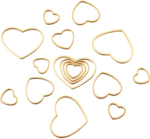 Vista 3 de FASHEWELRY 35 anillos de acero inoxidable con eslabones de corazón, 4 tamaños, diseño de corazón dorado, bisel abierto, conectores para colgar