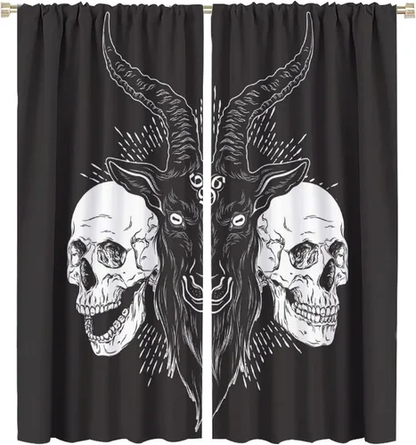 Vista 47 de BAEKJIN Cortinas de cabeza de cabra, diseño de calavera malvada, bruja, símbolo misterioso, bolsillo para barra, cortinas opacas para ventana, juego