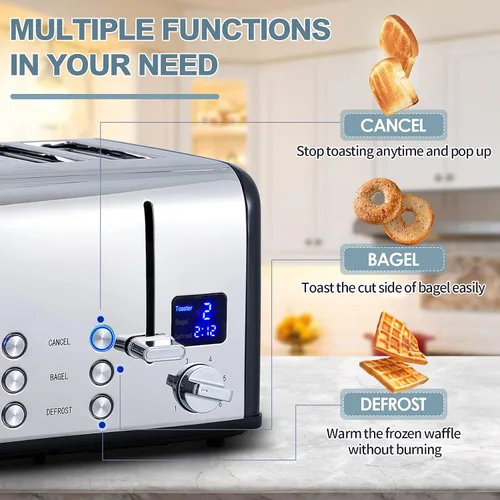 Vista 6 de CUSIMAX Tostadora de 4 rebanadas, pantalla LED ultra clara y ranuras extra anchas, tostadora de acero inoxidable con paneles de control dobles de 6