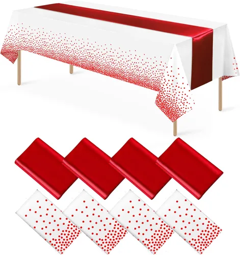 Vista 10 de 8 paquetes de manteles de plástico desechables y juego de camino de mesa de satén negro con dorado, mantel de satén dorado para graduación, boda