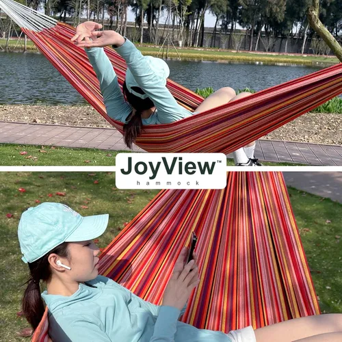 Vista 5 de JoyView Hamaca doble brasileña con cuerdas colgantes, extragrande de 86.6x59" hamaca portátil de algodón para patio, jardín, porche, capacidad