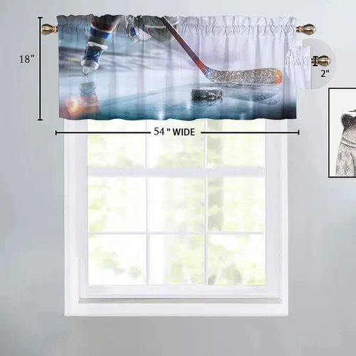 Vista 2 de Cortinas de cenefa con bolsillo para barra de hockey sobre hielo, diseño de fantasía, deportes de invierno, juego de hockey, decoración de ventana