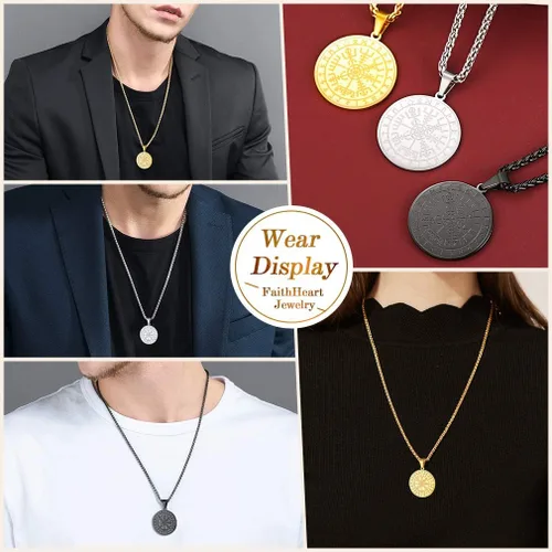 Vista 5 de FaithHeart Collar con colgante de medalla vikinga nórdica, brújula nórdica de acero inoxidable, joyería de runa valknut para hombres y mujeres