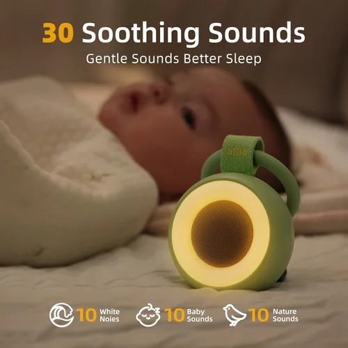Vista 3 de alilo Chupete de bolsillo Máquina de sonido portátil para bebés y niños Luz nocturna 30 sonidos relajantes Viaje Ruido blanco