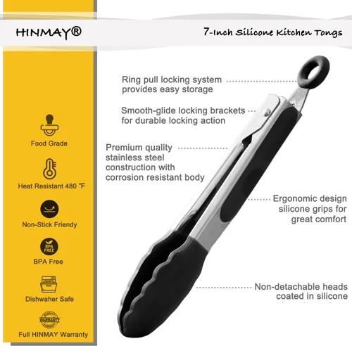 Vista 2 de HINMAY Mini pinzas con puntas de silicona pinzas de cocina de 7 pulgadas, juego de 3 (negro)
