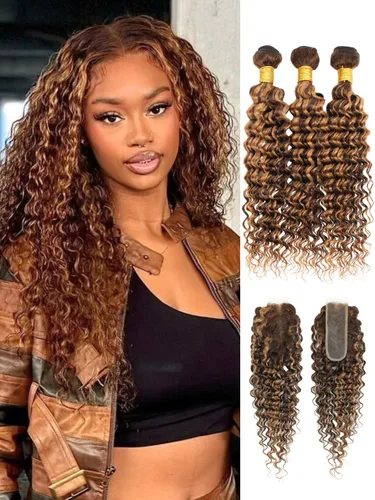 Vista 19 de Cabello Humano Rizado Castaño Rojizo, Trama Gruesa Castaño Cobrizo Rojo Coloreado Ondas Profundas Paquetes Individuales Cabello Humano 12A Tejido