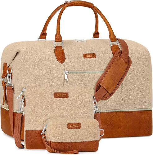 Vista 38 de Bolsa de fin de semana para mujer, bolsa de viaje de nailon, con compartimento para zapatos, tamaño grande 1-beige