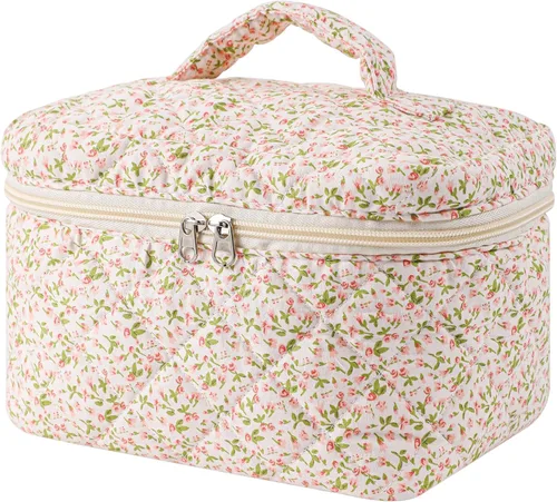 Vista 14 de uekeboag - Bolsa de maquillaje grande de viaje acolchada para mujer, neceser de algodón con estampado floral, neceser con estampado floral
