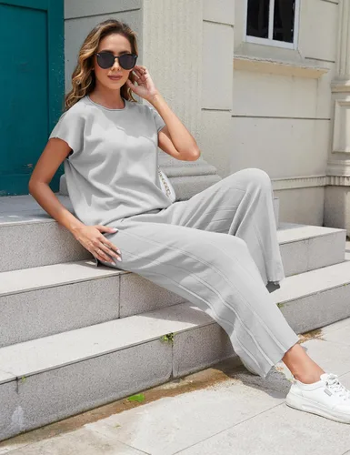 Vista 5 de VATEAMI Conjunto de 2 piezas de suéter de punto para mujer, sin botones, pantalones de pierna ancha y cintura alta