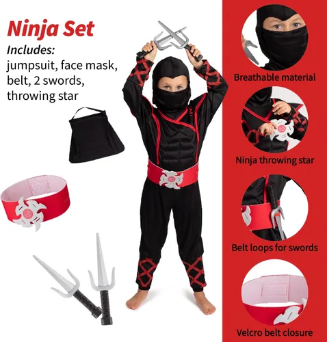 Vista 4 de Born Toys Juego de disfraz 3 en 1 para niños disfraz de pirata para niños disfraz de ninja y disfraz de astronauta para niños de 3 a 7 años con 14