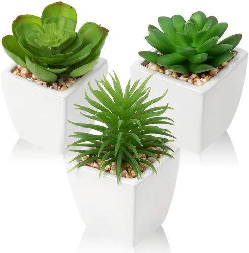 Vista 8 de Hollyone Plantas suculentas artificiales grandes en macetas, plantas suculentas falsas en macetas con maceta de cerámica negra para decoración